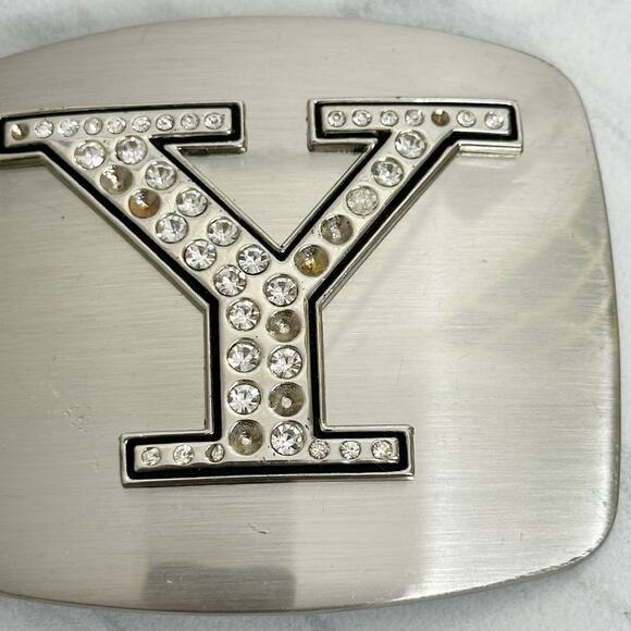 Rhinestone Studded Y Letter Initial Monogram Silver Tone Belt Buckle - Picture 3 of 8